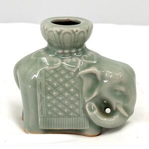 Vintage 70s Mint Green Celadon Porcelain Relief Elephant Taper Candle Holder